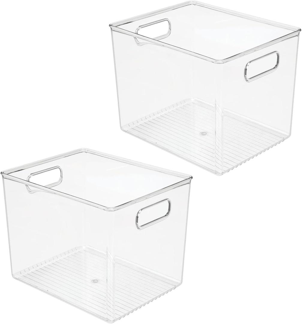 mDesign Plastic Tall Deep Kitchen or Pantry Organizing Storage Bins with Handles - Food Organization Storage Bins for Kitchen Pantry Cabinet, Refrigerator or Freezer, Ligne Collection, 2 Pack, Clear