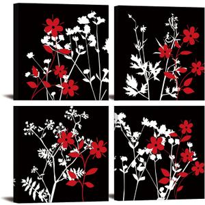 4 Pieces Black and White Red Flower Canvas Wall Art Abstract Painting Picture Print Blooming Floral Artwork Modern Contemporary Crimson Home Decor for Living Room Bathroom Zen Art 12x12x4pcs