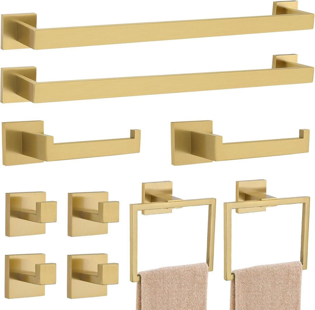 23.6Inch Brushed Gold Towel Bar Set, 10 Pieces Bathroom Accessories Set, SUS304 Stainless Steel Towel Racks Toilet Paper Holder Set for Bathroom Wall Mounted