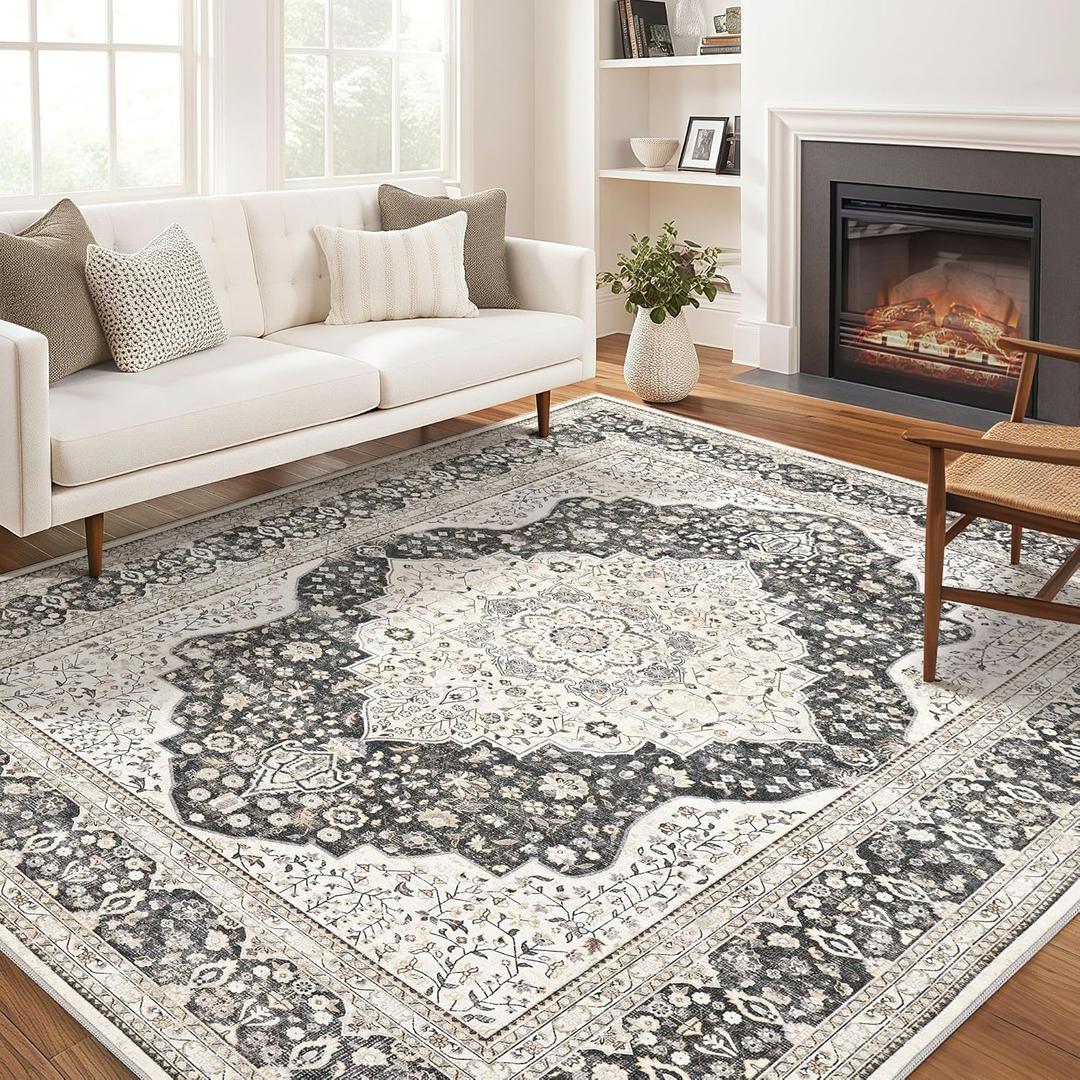 Washable Rug 8x10 Area Rugs for Living Room Bedroom Dining Room Home Office Floor Decor -Stain & Fade Resistant Non Slip Backing Carpet,Ultra-Thin Vintage Large Carpets (Black/Beige,8'x10')