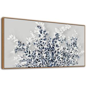 NINEASO Botanical Flowers Framed Wall Art - Indigo Blue and White Floral Canvas Pictures Spring Blooming Painting Gray Background Printing Artwork Living Room Bedroom Home Office Wall Decor 20" x 40"