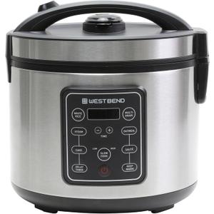 West Bend Rice & Grain Multi Cooker Programmable with 9 Preset Functions, Features Delay Start and Keep Warm Functions and Steam Basket, 20 Cups Cooked, Stainless Steel