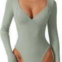 QINSEN Women's Long Sleeve Bodysuit V Neck Body Suits Seamed Cup Going Out Tops Shirt (Medium)