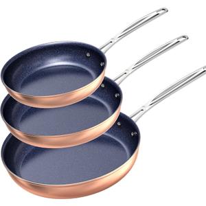 Nuwave 3-Piece Fry Pan Set, 8, 10, 12 Forged Lightweight, G10 Healthy Duralon Blue Ceramic Ultra Non-Stick, Induction-Ready & Works on All Cooktops, Ergonomic Stay-Cool Handles (Rustic Copper)