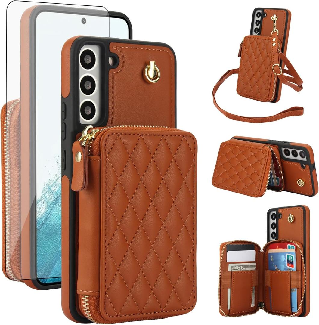 Phone Case for Samsung Galaxy S21 FE 5G Wallet Cell Cover with Tempered Glass Screen Protector Wrist Crossbody Strap RFID Blocking Card Holder Slot S 21 EF S21FE5G UW S21FE 21S G5 6.4 inch Women Brown