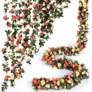 8 Pcs 66FT Flower Garland, Artificial Rose Vine Flowers with Green Leaves, Hanging Fake Roses Vine for Room Anniversary Wedding Birthday Christmas Wall Arch Decor, Champagne Flower