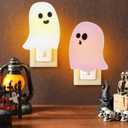 2 Pack Halloween Ghosts Night Light Plug into Wall Cute White Pink Ghosts Decorative Lamp Gifts LED Illumination for Halloween Home Hallway Stairway Kitchen Corridor Decor