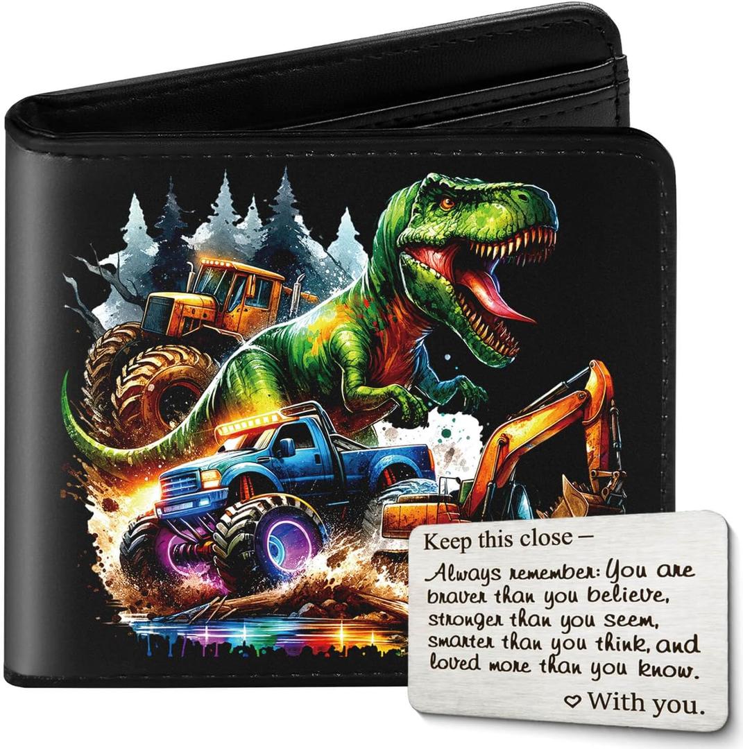 Kids Wallet for Boys with Card, Teen Boys Wallet for Kids Ages 4-5-6-7-8-9-10-11-12-13-14-15-16, Leather Wallet for Teen Boy, Dinosaur Monster Truck Teenage Teenager Youth Gifts Christmas Birthday