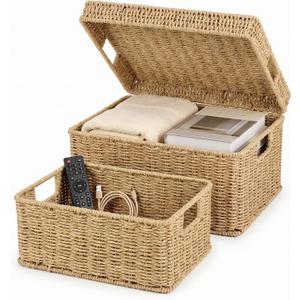 Wicker Storage Basket with Lid - Woven Basket for Storage,Rectangular Decorative Boxes Bins with Lids for Shelves,living room, Nursery, 2 baskets+1 lid(Natural)