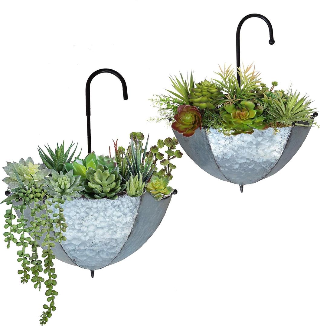 GIFTME 5 Set of 2 Galvanized Metal Umbrella Hanging Wall Planter Flower Holder Indoor or Outdoor Garden Succulent Wall Planter Set (Silver)