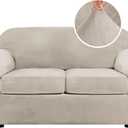 H.VERSAILTEX Real Velvet Plush 3 Piece Stretch Sofa Covers Couch Covers for 2 Cushion Couch Loveseat Covers Width Up to 72 Inch Feature Thick Soft Stay in Place (Medium Sofa, French Oak)