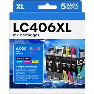 LC406XL Ink Cartridges for Brother Printer Compatible Replacement for LC406 XL LC406XL LC406 for Brother MFC-J4335DW MFC-J6555DW MFC-J5855DW MFC-J4535DW MFC-J6955DW MFC-J5955DW (5 Pack, 2BK/M/C/Y)