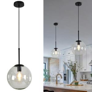 JC TOPA 10 Inch Globe Pendant Light Mid Century Modern Ceiling Pendant Lights with Clear Glass 1-Light Chandelier for Kitchen Island Living Room Dining Room Bar Black