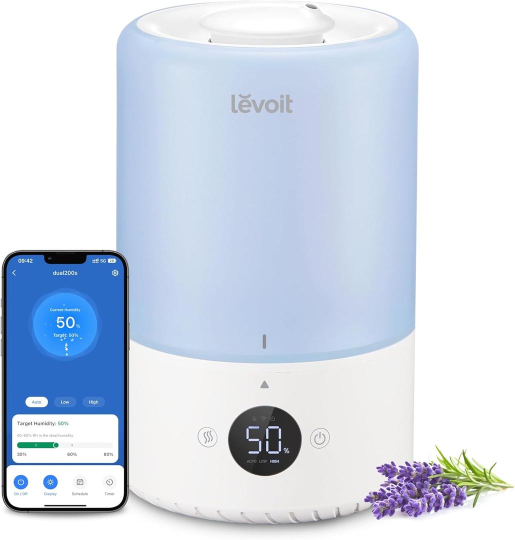 LEVOIT Smart Humidifiers for Bedroom Baby, Top Fill, Customize Humidity for Home, Plants with Humidistat, Essential Oil Diffuser, Schedule, Timer, APP & Voice Control, 3L, Blue