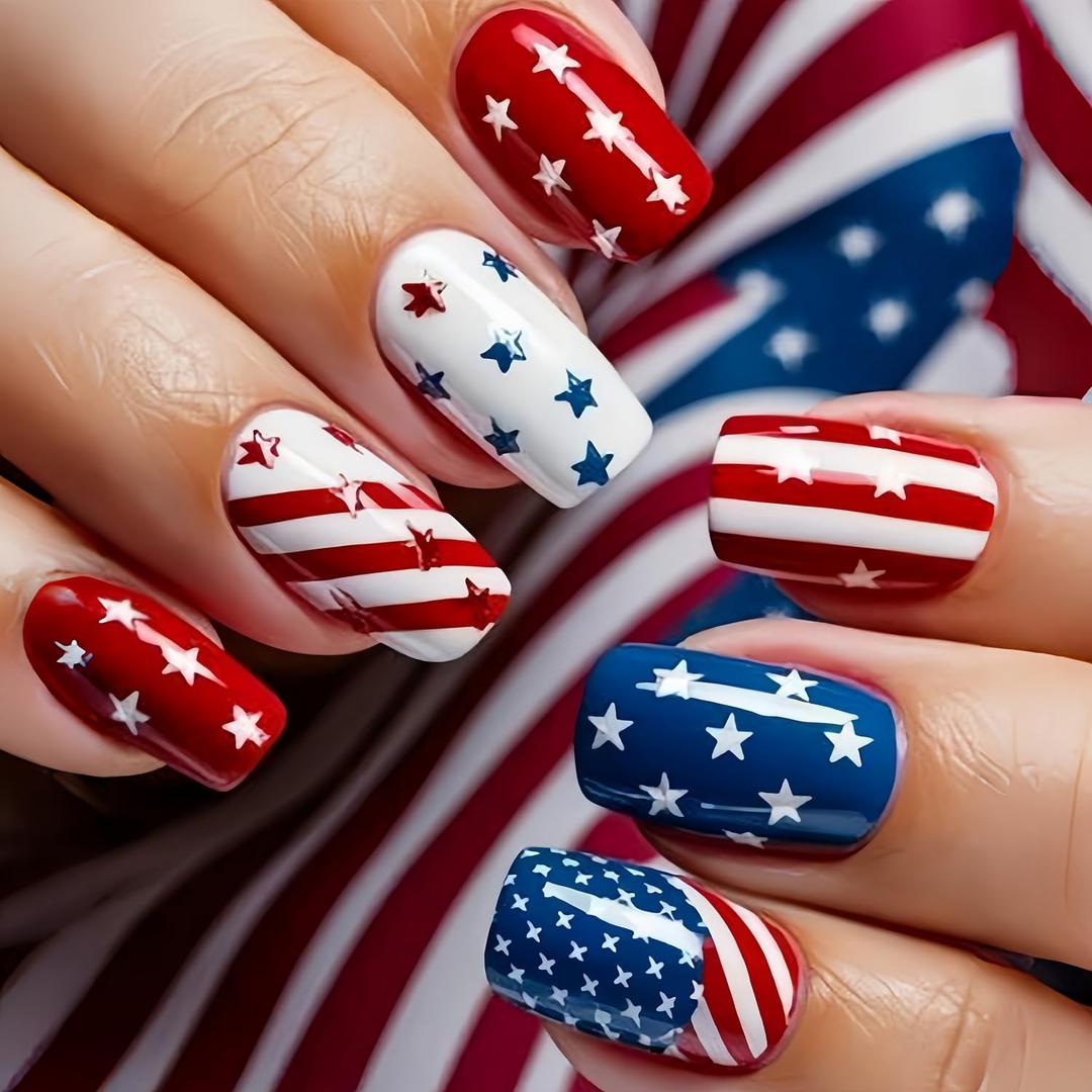 4th of July Press on Nails Independence Day Fake Nails Short Square False Nails with Star and Blue Red Stripe Designs Patriotic Nails Glossy Acrylic Nails Fully Cover Stick on Nails for Women 24 Pcs