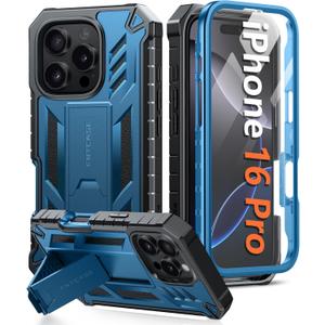 FNTCASE for iPhone 16 Pro Case: Military Grade Drop Proof Protection Mobile Cover with Kickstand | Matte Textured Rugged Shockproof TPU | Protective Sturdy Phone Case - 6.3 inch Blue