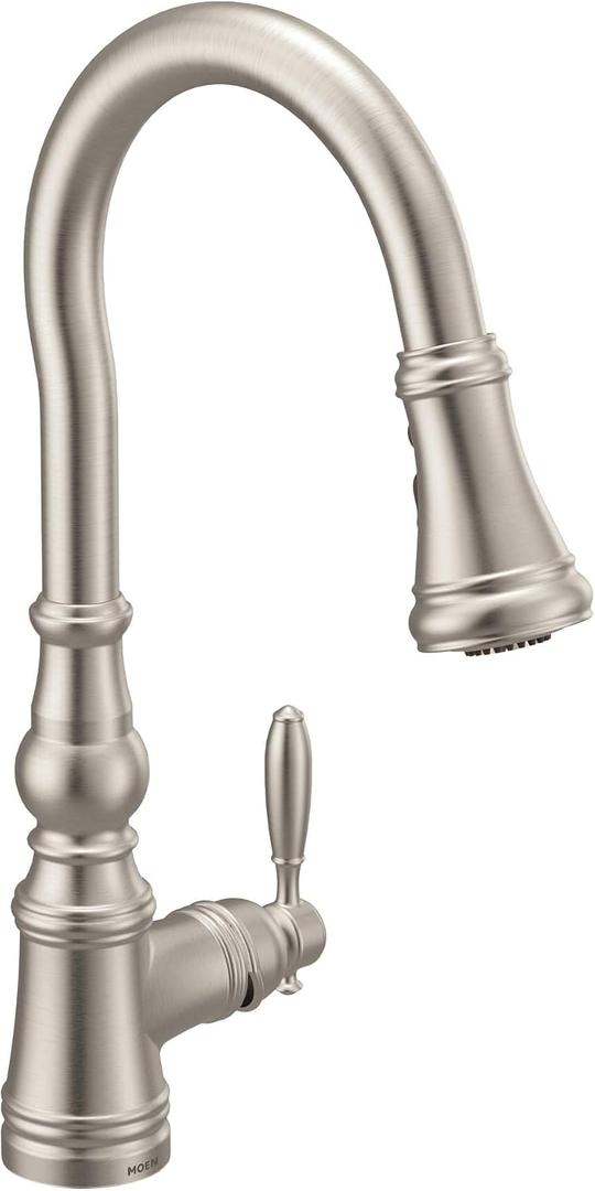 Moen Weymouth Spot Resist Stainless Shepherd's Hook Pulldown Kitchen Faucet Featuring Metal Wand with Power Boost, S73004SRS
