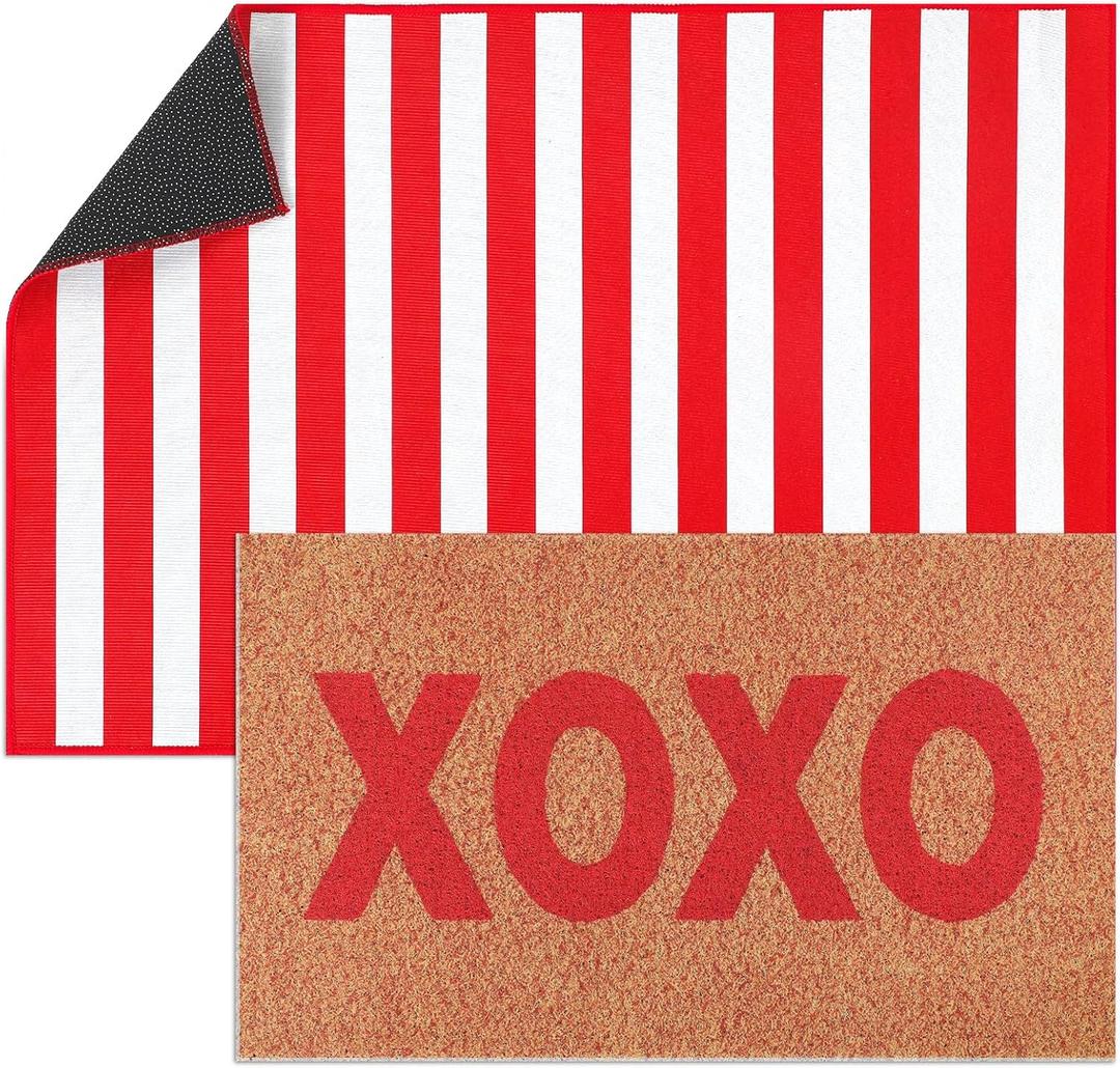 Dunzy 2 Pcs Valentine's Day Doormats Layered Front Door Mats Non Slip Floor Coir Rugs Red and White Stripe XOXO Doormats for Porch Entryway Indoor Outdoor Home Decor