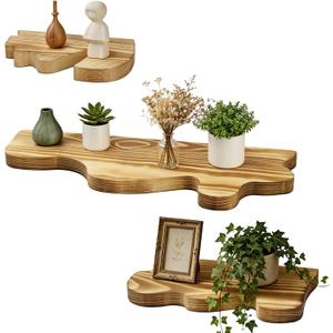 Wooden Floating Shelves, Rustic Wave Edge Wall Display Shelf Set of 3, Carbonized Pine Finish, Space-Saving Wall Mounted Storage Rack for Bathroom, Bedroom, Living Room, 3 Assorted Sizes, 7.09 x 3.94 in,15.75 x 5.91 in,9.84 x 5.12 in