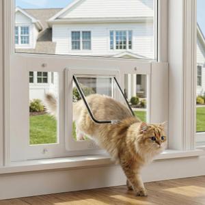 Aluminum Cat Door for Window, Adjustable Full-Size Window Pet Door 27.5-32 Inch, No-Tool Installation, Controllable Flap with 4 Locking Modes, Weatherproof & Secure Insert for Cats