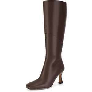 DOEYG Black Leather Knee High Boots for Women Kitten Heel Tall Boots Square Toe Stiletto Heels Heeled Boots Dressy Fashion Long Boots with Side Zipper (9.5, Chocolate Brown)