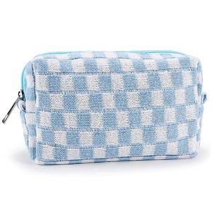 ZLFSRQ Checkered Makeup Bag for Women Small Travel Cosmetic Bags Makeup Pouch for Purse Zippered Portable Toiletry Bag Organizer Cute Y2K Aesthetic Trendy Adults Travel Essentials Storage Case (Blue)