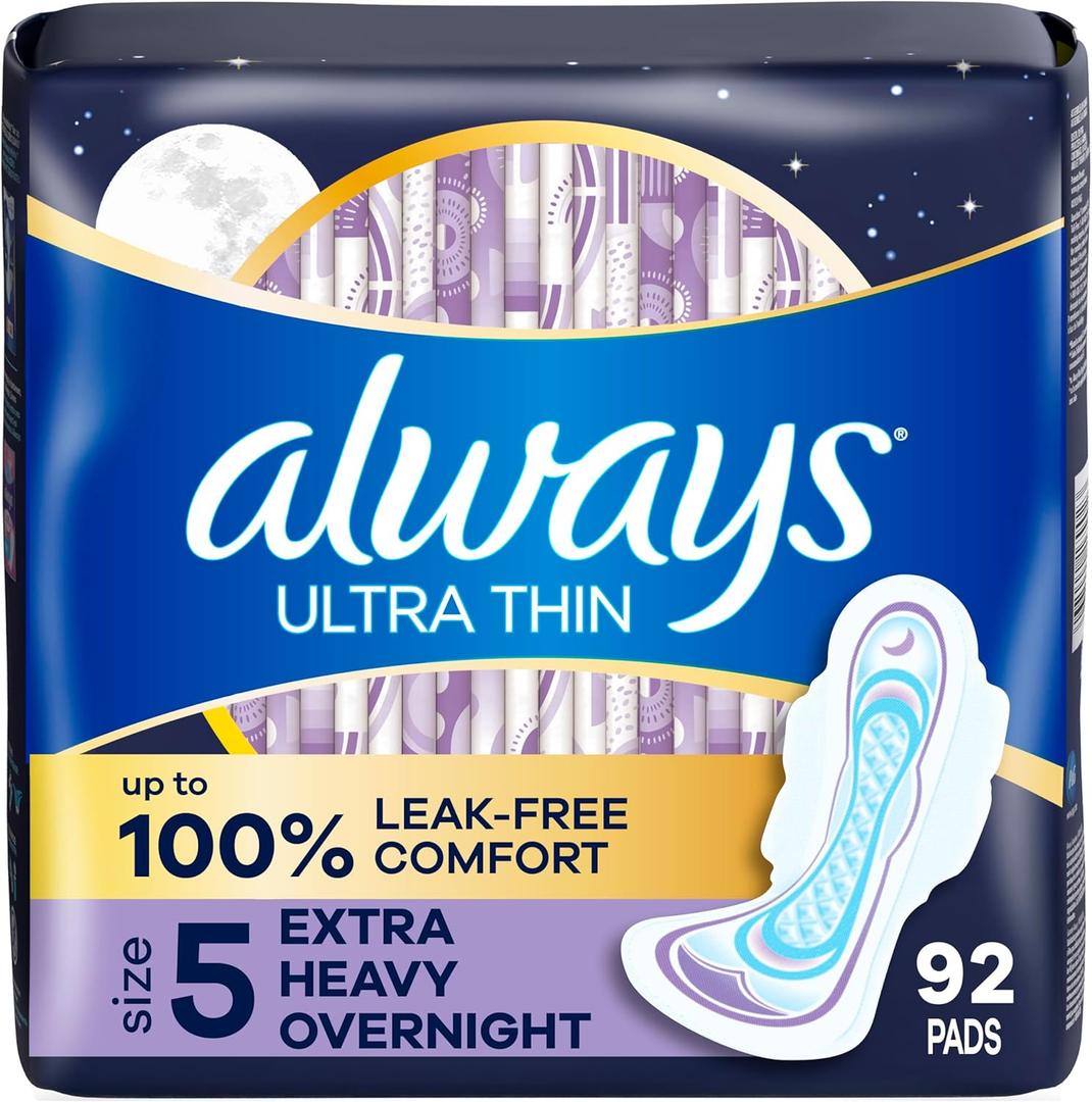 Always Ultra Thin Overnight Pads, Size 5, Extra Heavy Overnight, Unscented, 92 Count (2 Packs of 46)