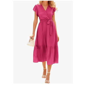 BTFBM Women Summer Bohemian Floral Casual Wrap V Neck Ruffle Cap Sleeveless Belt A-Line Pleated Hem Midi Sun Dress Pink, Size M