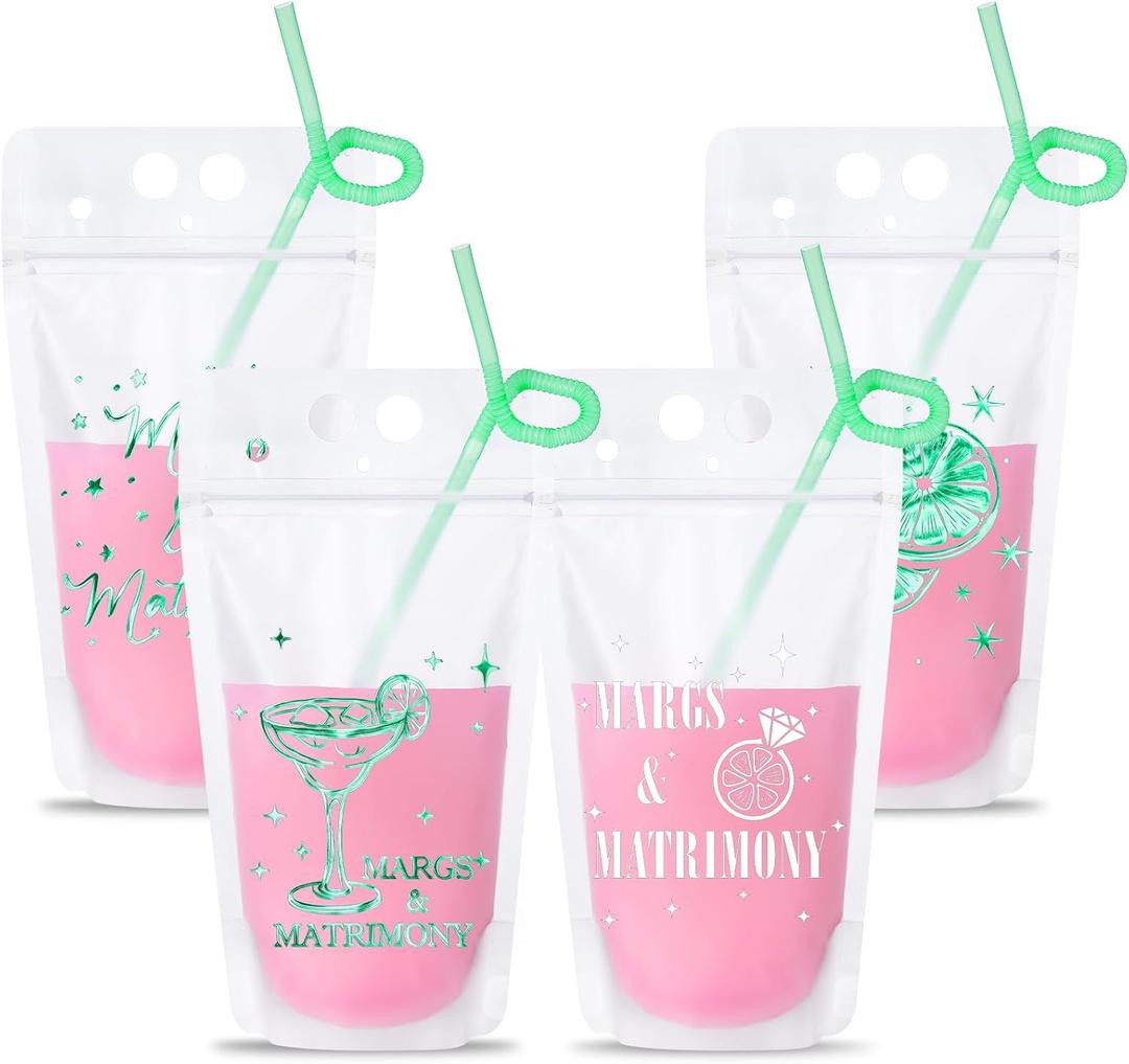 Qilery 24 Pack Margs and Matrimony Bachelorette Party Drink Pouches with Straws, Margarita Drink Bags Handheld Reclosable Zipper Pouch Cups for Bridesmaid Favor Wedding and Bridal Showers