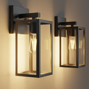 Outdoor Wall Lights, 12.4 Inch Waterproof Lanterns with Frame and Clear Glass Shade, Exterior Front Porch Lights Matte Black Wall Sconce, Modern Mounted Lighting for Patio Entryway Hallway, 2 Pack