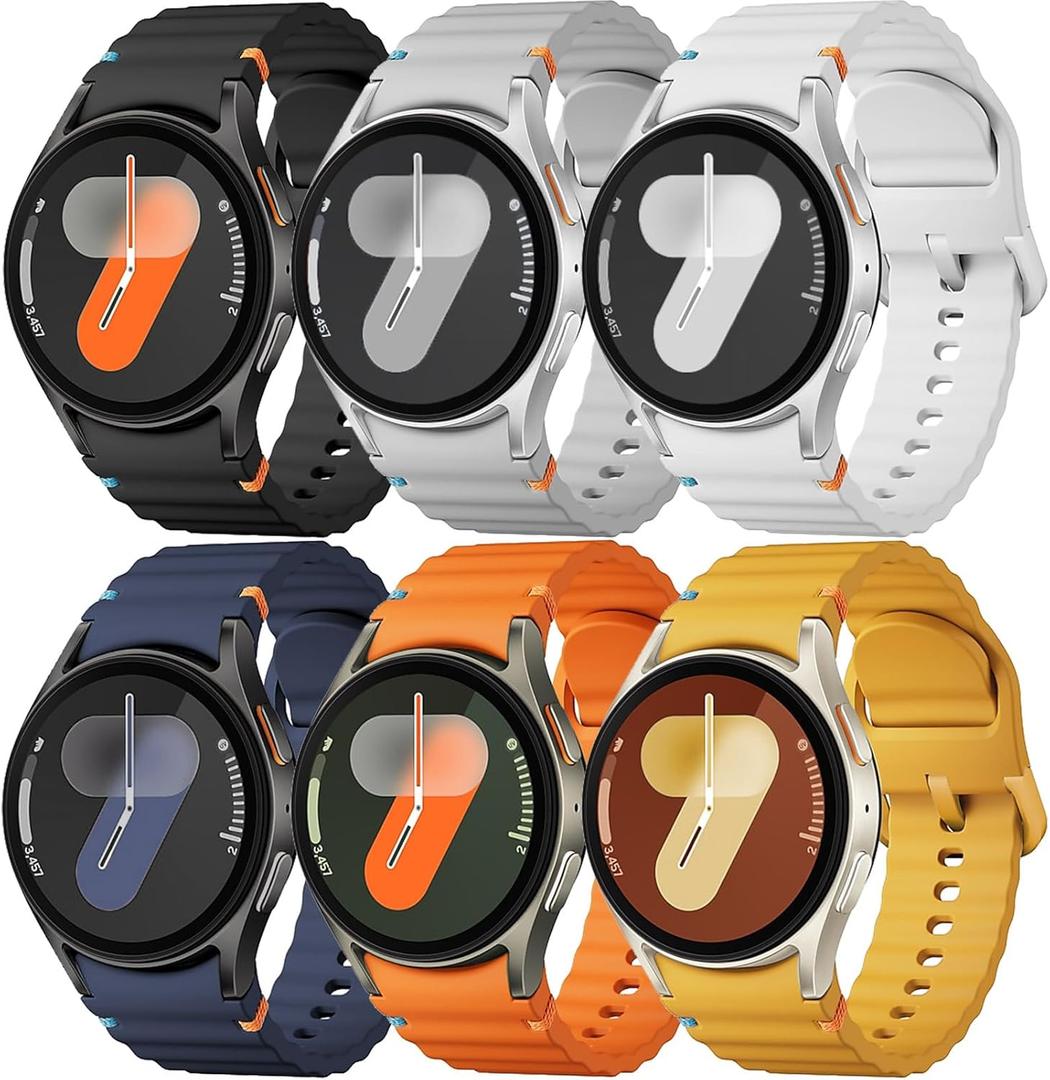 Sport Band for Samsung Galaxy Watch 7 Band 40mm 44mm,No Gap Soft Silicone Strap for Galaxy Watch 6 5 4 FE Band 40mm 44mm/Galaxy Watch 6/4 Classic 47mm 43mm 46mm 42mm/Watch 5 pro 45mm Men Women,6 Pack (02-Black/White/Light grey/Deep Blue/Yellow/Orange)