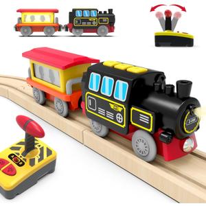 Motorized Train for Wooden Track, Remote Control Train with Magnetic Connection, Battery Operated Locomotive Trains for Toddlers, Compatible with Thomas, Brio, Chuggington
