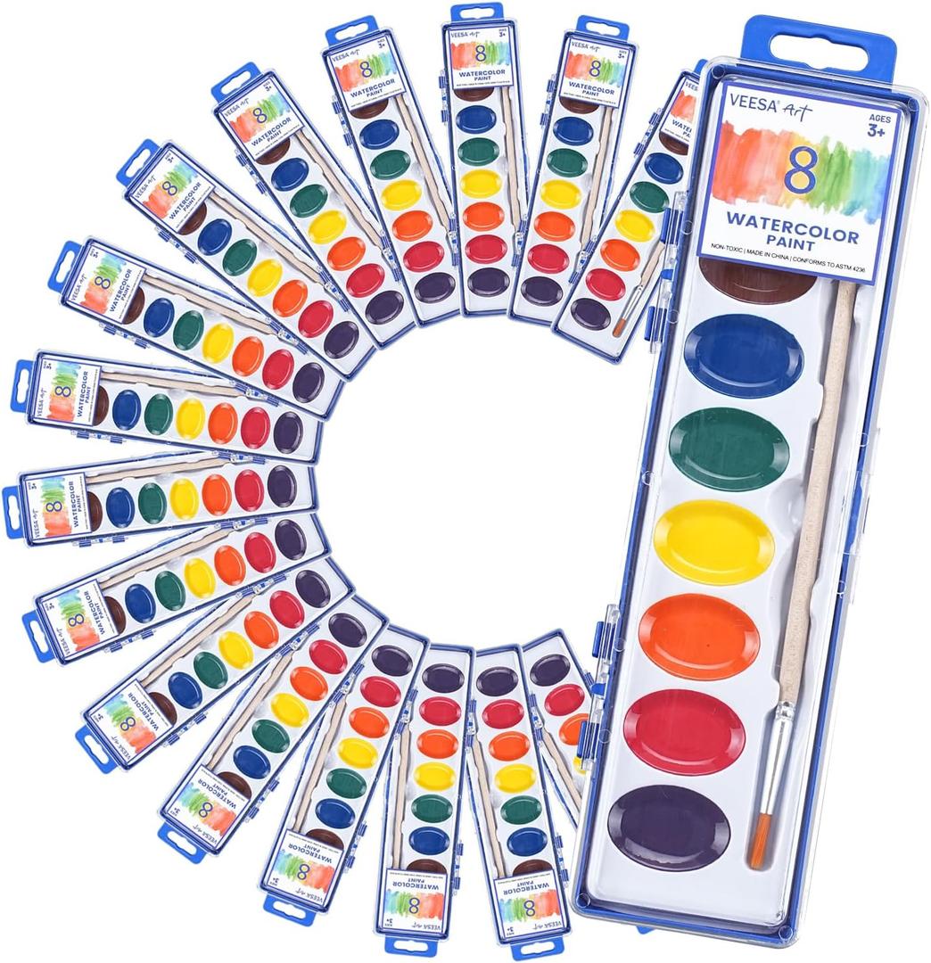 8 Colors Watercolor Paint Set for Kids, 24 Pack Washable Watercolor with Wood Brushes, Non-Toxic Water Color Paint, Valentines Day Gifts for Kid Prizes Exchange