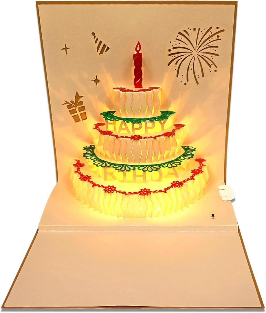 Recordable 3D Pop-Up Birthday Card with Lights, Reusable DIY Gift for Women, Men, Moms, Dads (Gold)