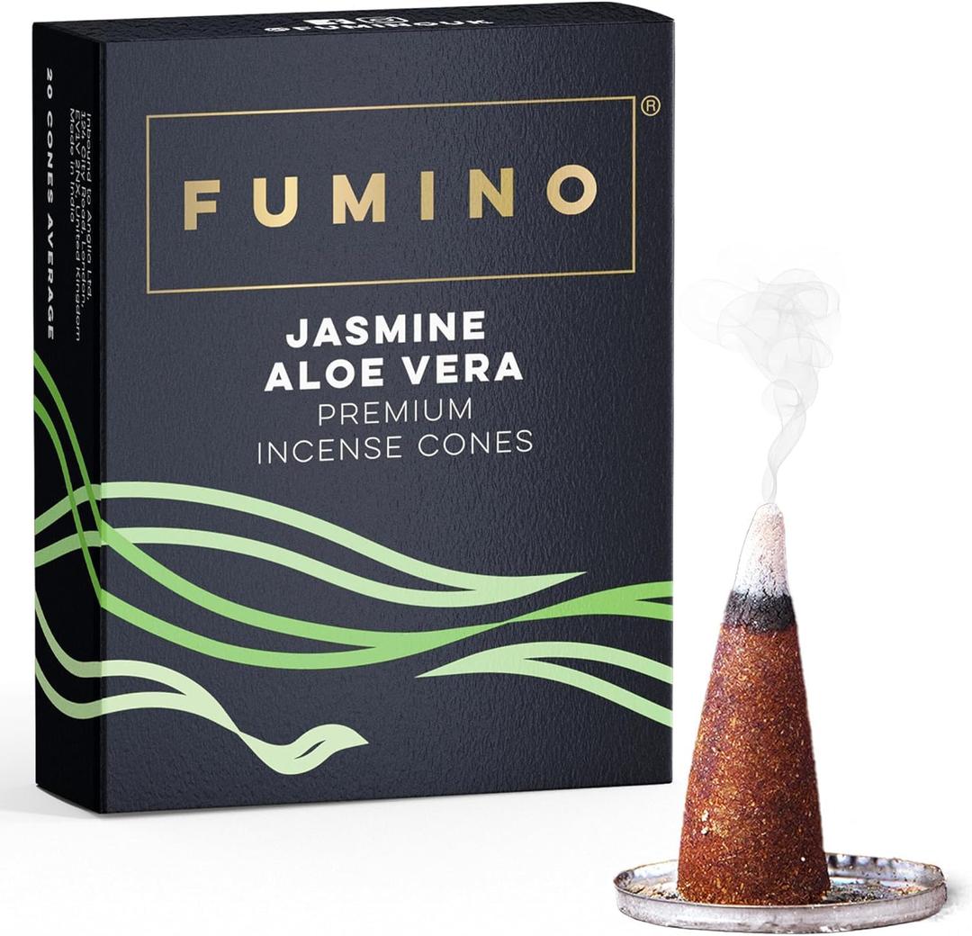 Fumino Jasmine Aloe Vera Fresh Incense Cones 20 per Box Masala Agarbatti Joss Scent Fragrance for Relaxation and Meditation, Home and House Decor