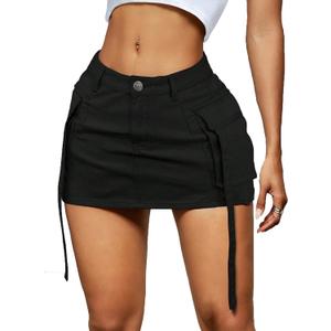 Women Cargo Skirt Denim Mini Low Waist Y2K Jean Skirts with Pockets (Small, Black)