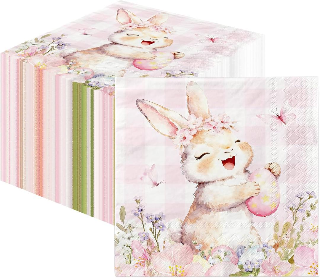 48Pcs Happy Easter Napkins Paper with Pink Gingham Cute Bunny and Eggs, Easter Party Supplies Disposable Bunny Luncheon Napkins for Spring Holiday Birthday Party Baby Shower Dinner Kitchen Bathroom