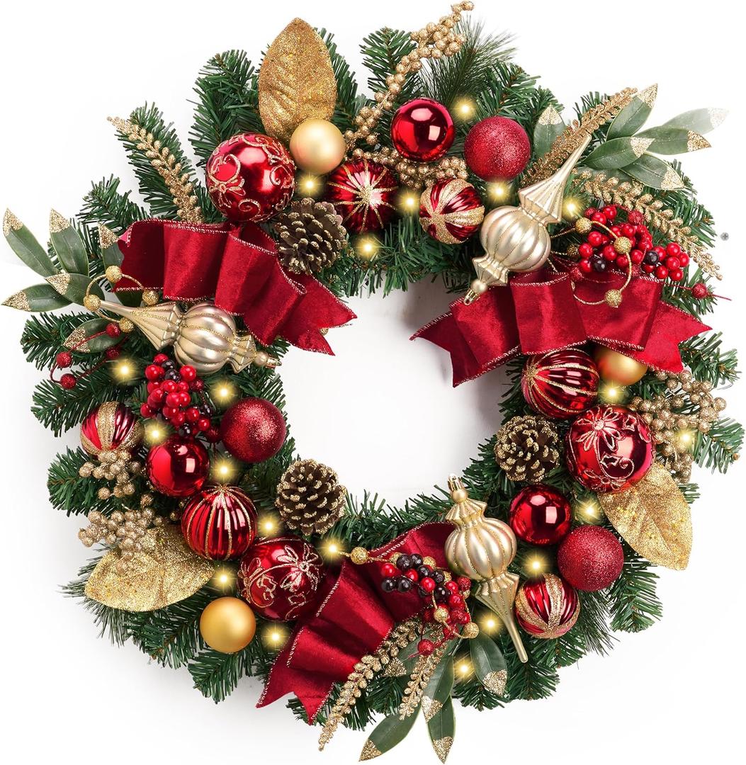 Valery Madelyn 24'' Pre-Lit Christmas Wreath for Front Door with Light, Collapsible Lighted Outdoor Christmas Wreath with Red Gold Xmas Balls for Home Porch Fireplace Window Holiday Wall Decor