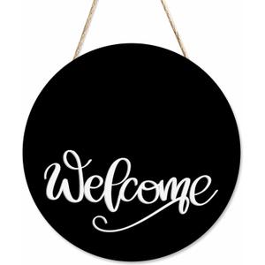 Welcome Sign for Front Door Porch Black Welcome 12in Round Wreath Wall Decor for Farmhouse Home Outdoor Indoor (Style 8)