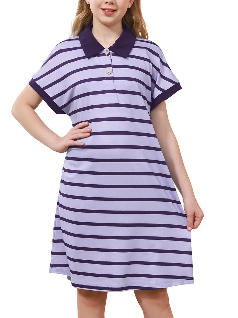 GORLYA Girls Striped Polo Collared Button Shift Straight Casual Loose Midi Dress 6-14Y (GOR1258,6Y,Purple Stripe)