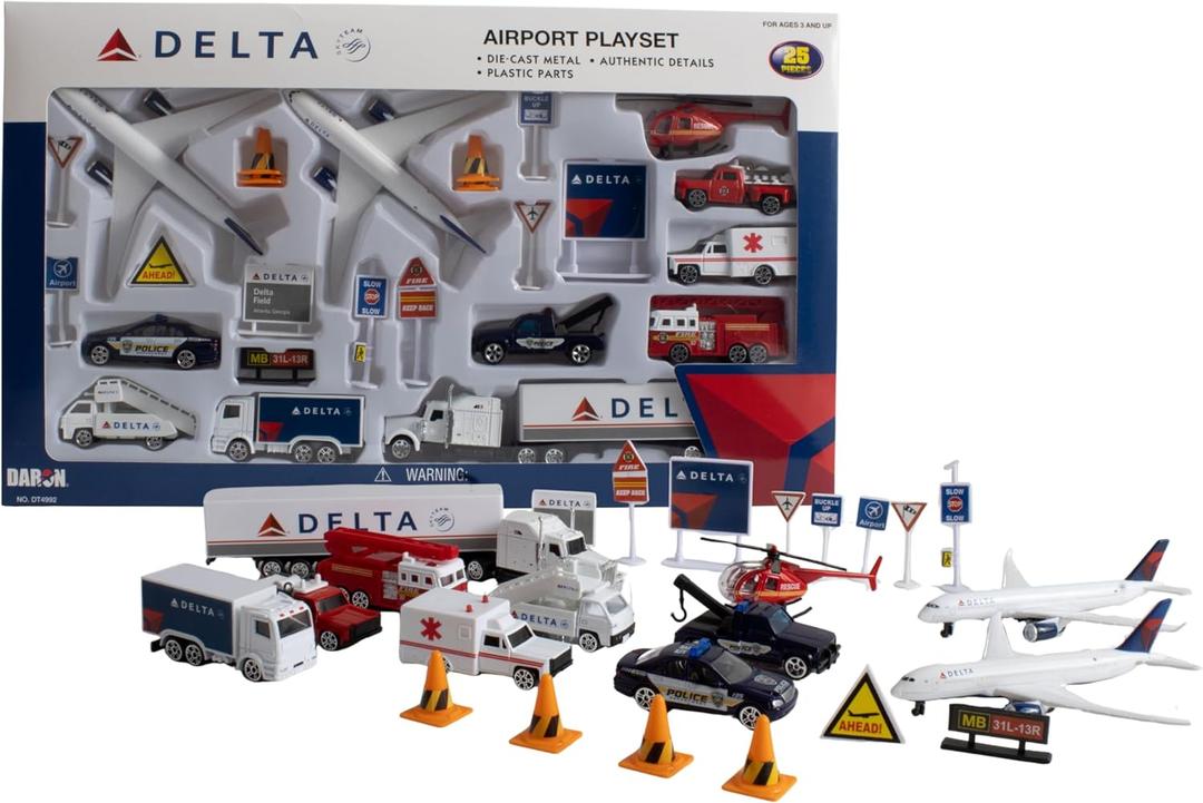 Daron Delta Airport 25-Piece Die-Cast Metal and Plastic Airplanes, Vehicles, and Accessories Playset Toy and Collectible for Ages 3+