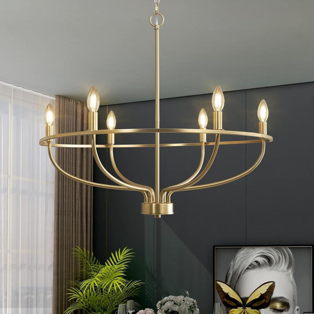 6 Light Gold Chandelier, Brushed Gold Light Fixture Dining Table Candle Brass Chandelier Lighting for Bedroom Hallway Entryway Living Room Kitchen 29in Brushed Brass Chandeliers