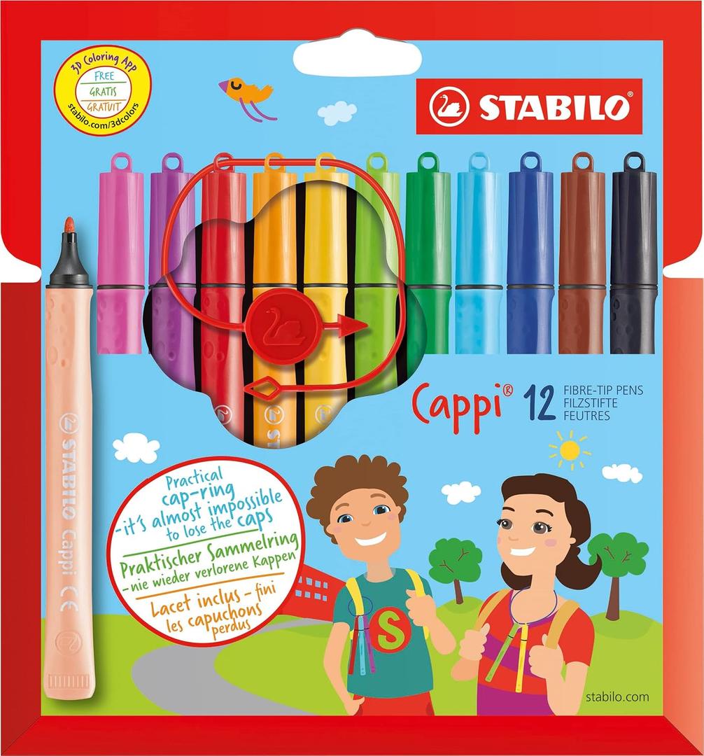 Fiber-Tip Pen with Cap-Ring - STABILO Cappi - Pack of 12 - Assorted Colors + 1 Cap-Ring