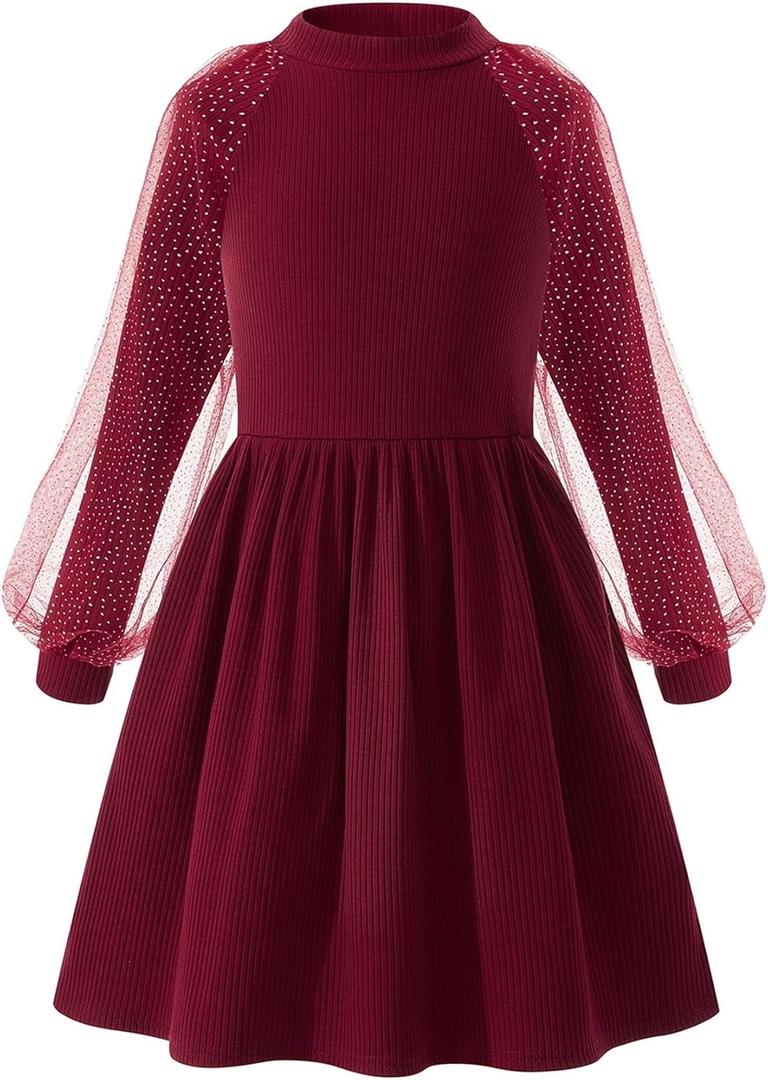 Little Bitty Girls Long Sleeve A-Line Sparkle Tulle Dress, Mock Neck Detachable High Low Mesh Skirt with Pockets Burgundy, 4-5Y