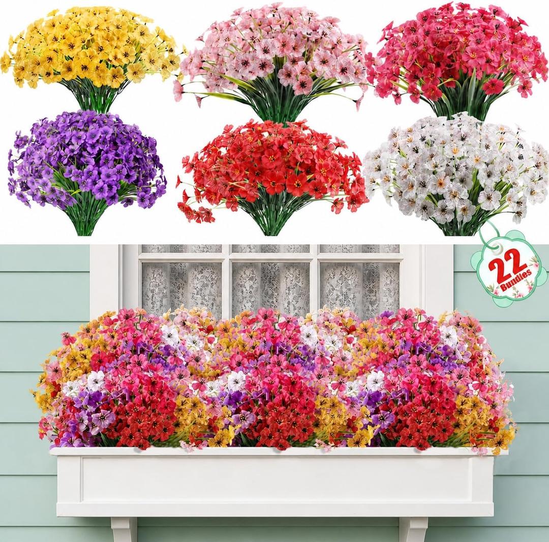 Powbrace 22 Pack Artificial Flowers for Outdoor Indoor Fake Plants, Faux Silk Flowers for Outdoors Outside Front Porch Hanging Planter Window Box Garden Spring Decoration