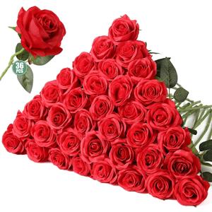 Tifuly 36 Pcs Roses Artificial Flowers in Bulk, Realistic Long Stem Fake Silk Roses for Party Home Wedding Centerpiece Office DIY Bouquets Decor Red