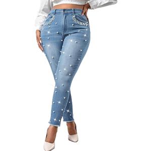 Ladyful Women's Skinny Jeans Classic Mid Waist Stretchy Denim Pants with Pearls Rhinestones (Light Blue), Size S