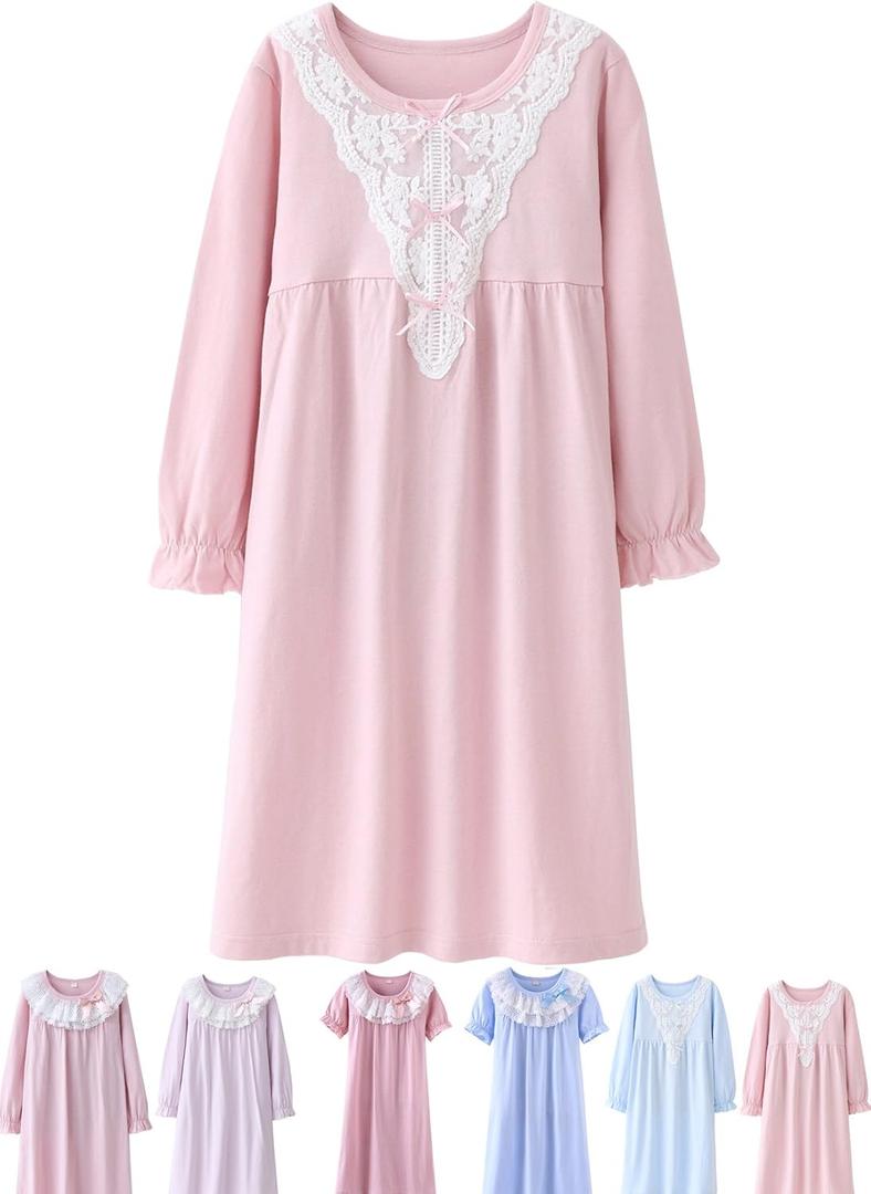 ABALACOCO Cotton Nightgown for Girls Short Long Sleeve Pajamas Dress Princess Kids Toddlers Pretty Lace Loose Sleepwear Dress (16-Adult)