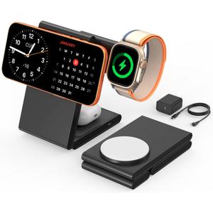 New Travel Foldable 3 in 1 Wireless Charging Station for Apple Magsafe Charger Stand,Fast Magnetic Wireless Charger Station for iPhone 17 Air 16 15 14 13 12 Series,Airpods Pro,Apple Watch Ultra