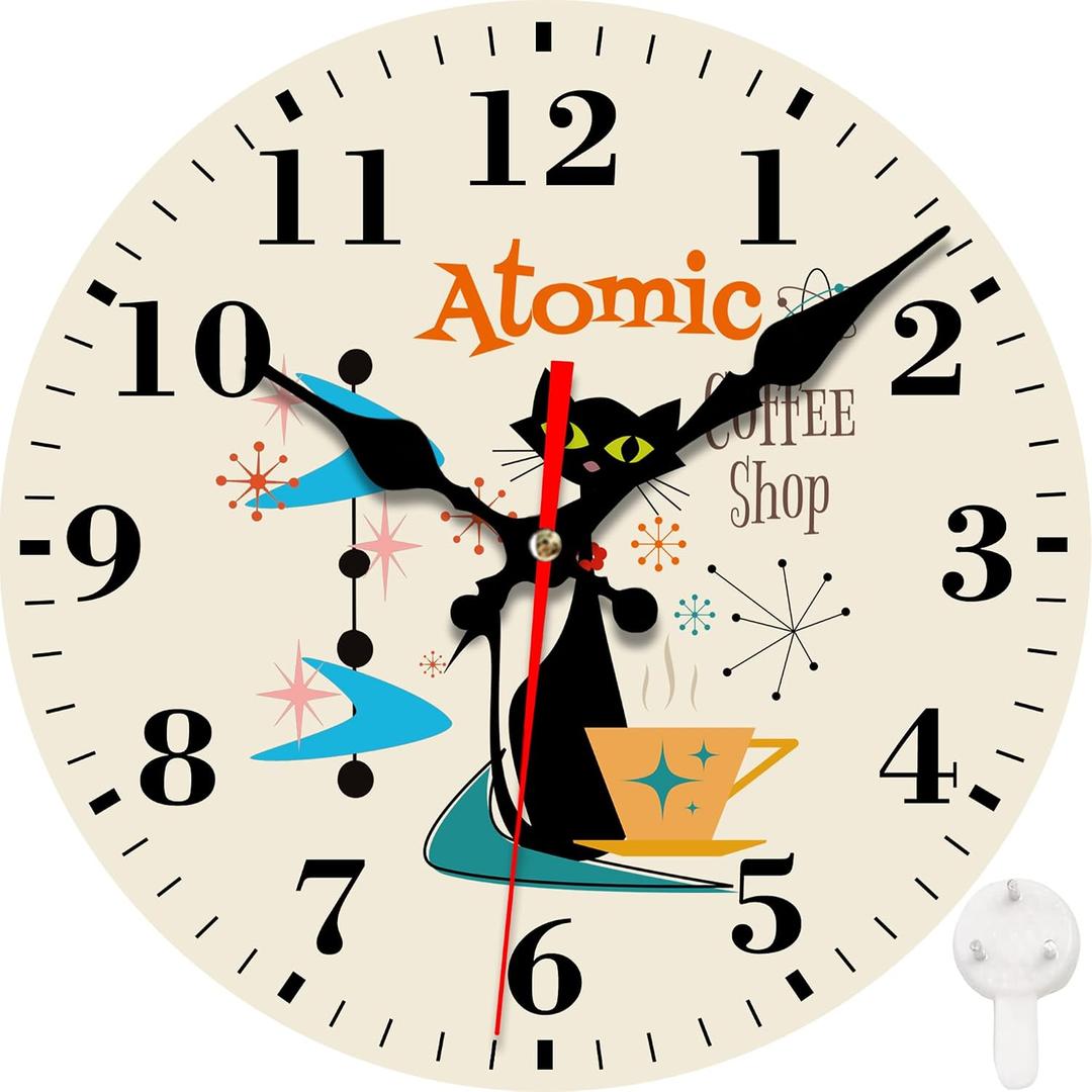 Wall Clocks Battery Operated, Mid Century Atomic Black Cat Silent Non Ticking Decorative Indoor Outdoor Wall Clocks for Living Room Kitchen Bedroom Bathroom 12"